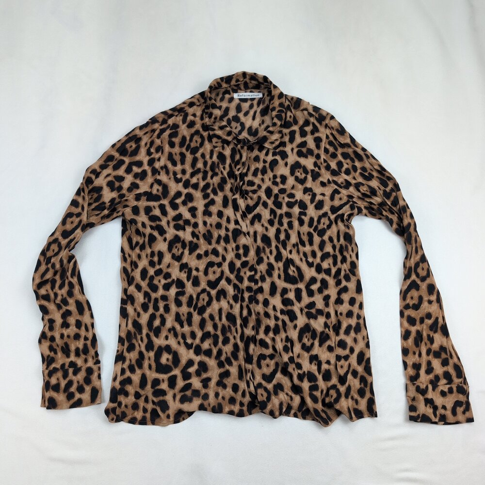 Reformation Leopard Print Button-Down Blouse Sz M - image 2
